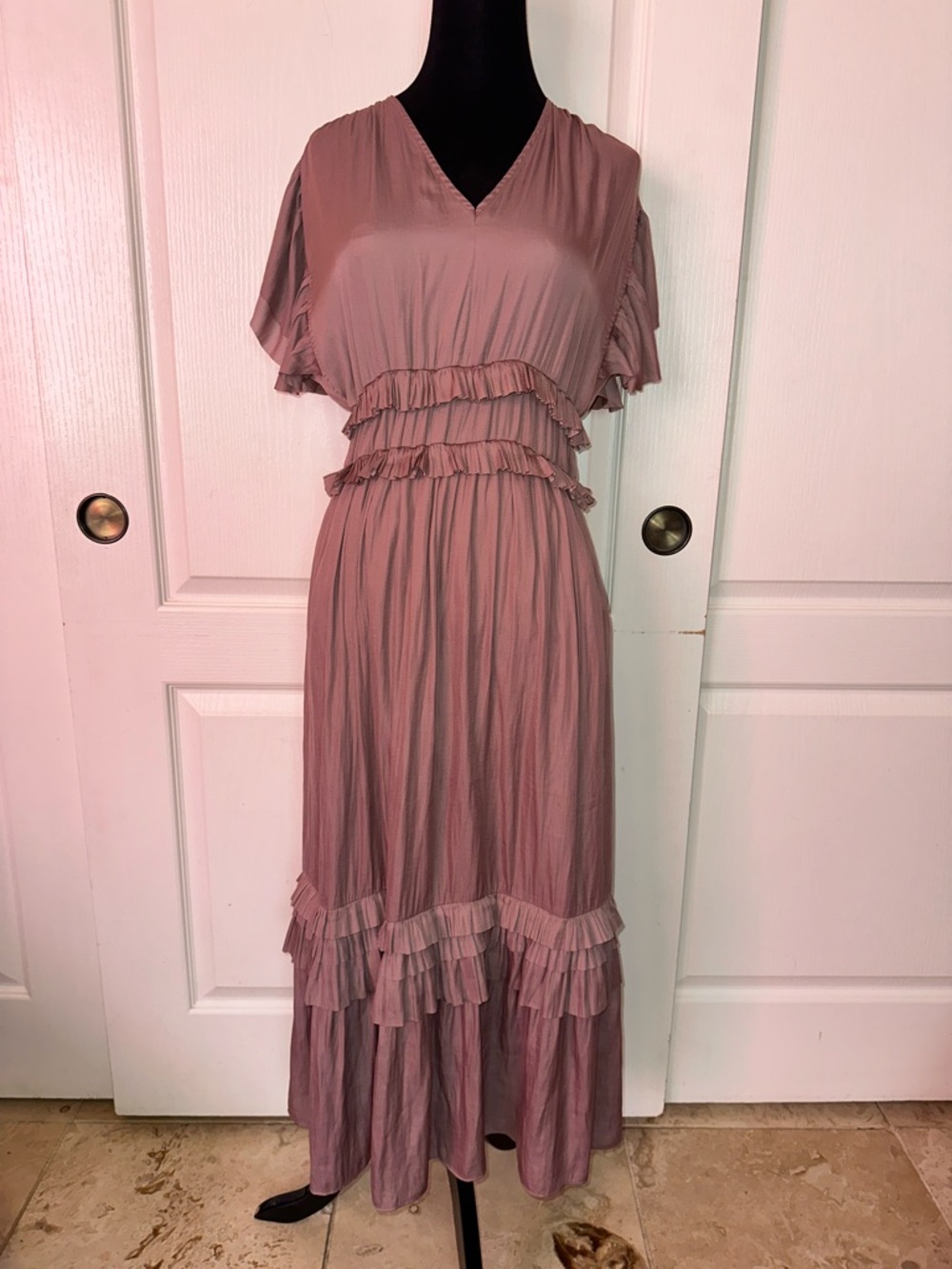 BOHME TAUPE TIERED RUFFLE MAXI DRESS WEDDING GUEST
